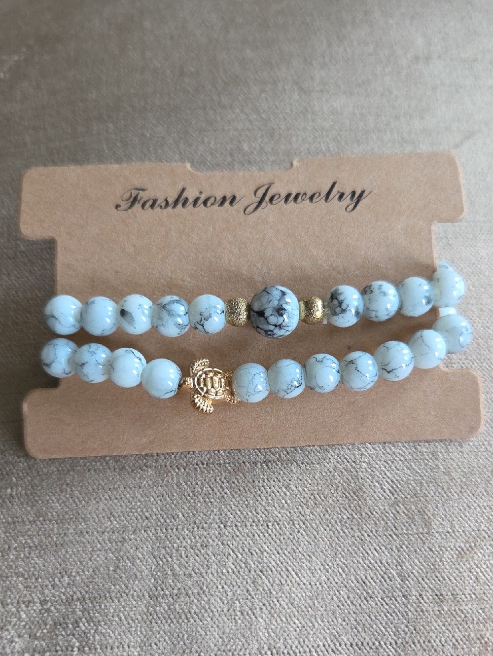 Fashion Jewelry White Howlite Beaded Bracelet Duo with Gold Turtle Charm